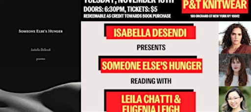 Poetry Reading with Isabella DeSendi, Leila Chatti, & Eugenia Leigh
